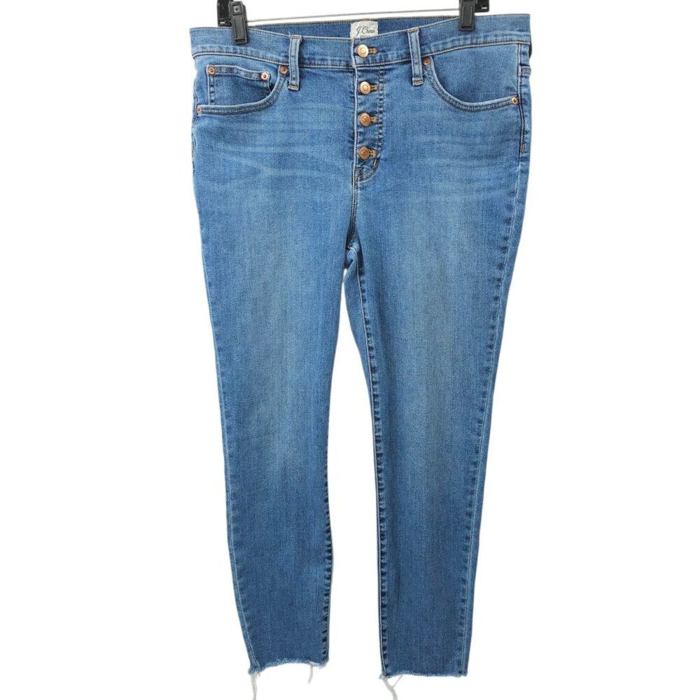 J.Crew 9" Toothpick Jeans Womens 32 Button Front Mid Rise Skinny Raw Hem Denim